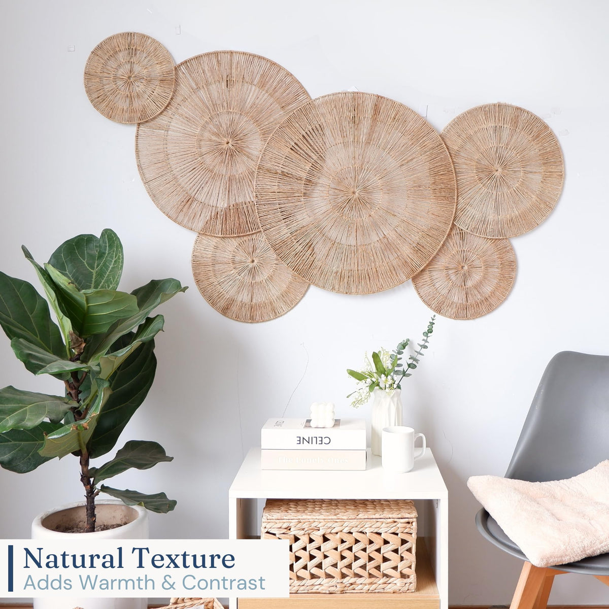 Set of 6 Jute Wicker Wall Decor Baskets, Round Extra Large Woven Wall Plates