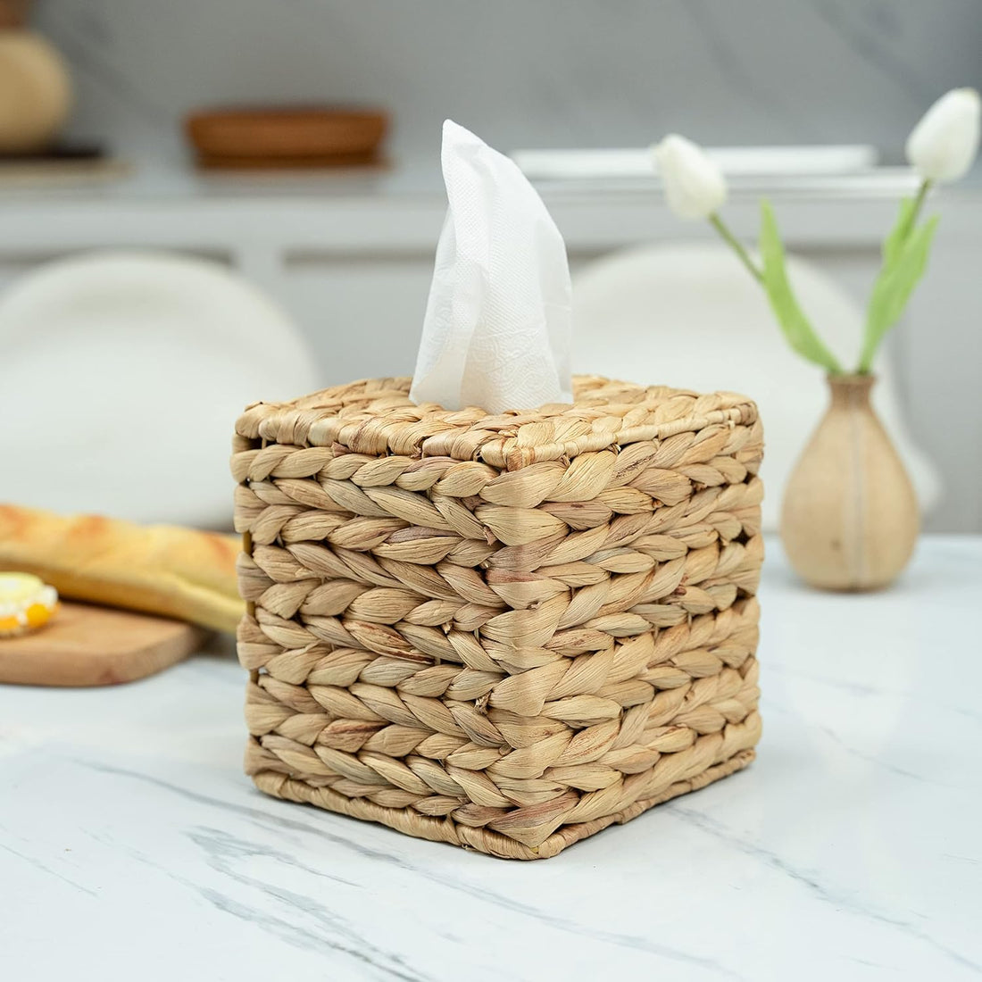 Square Tissue Box Cover, Water Hyacinth Wicker Tissue Box Holder