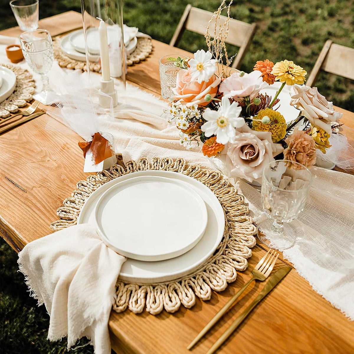 13.8" Round Corn Husk Placemats Set of 4