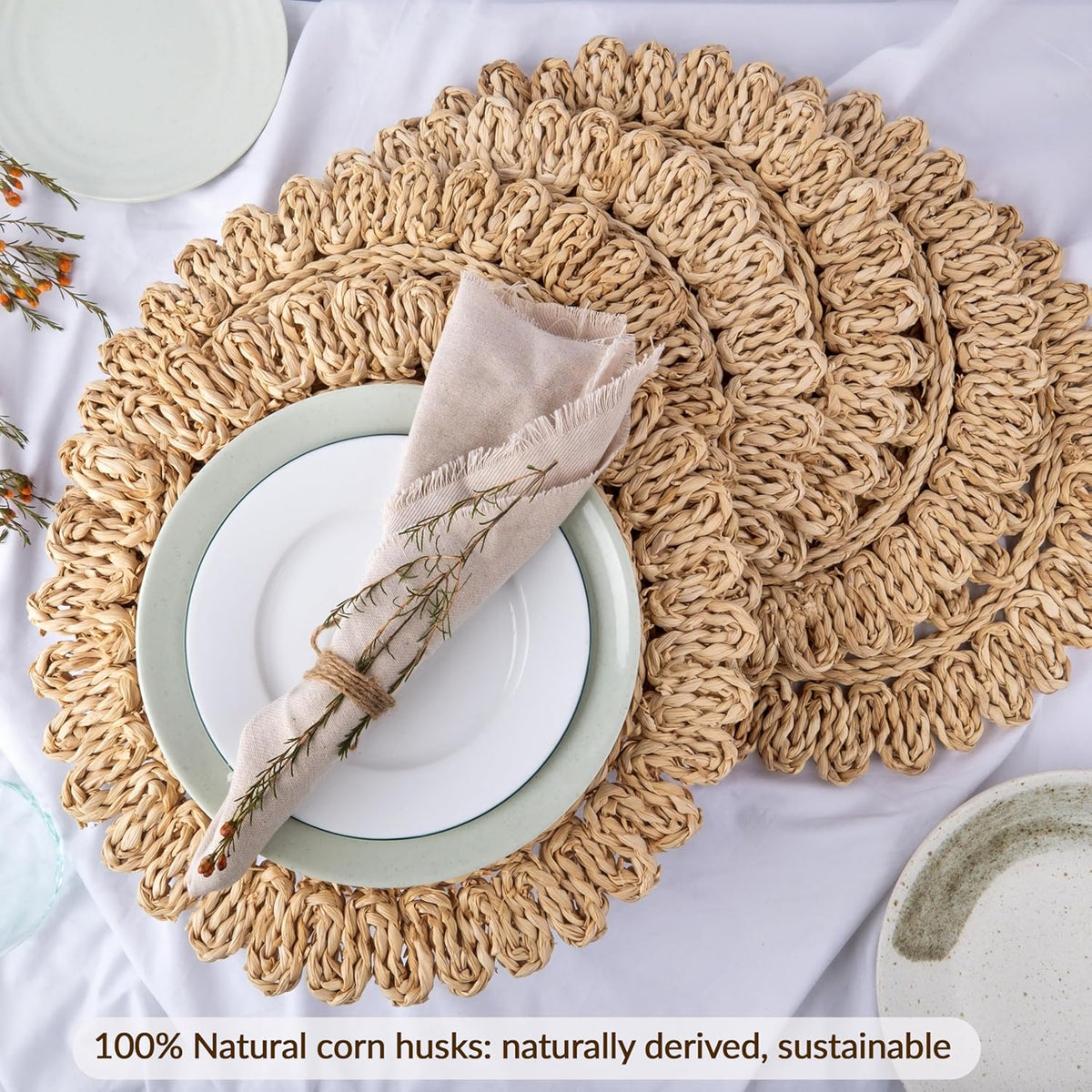 13.8" Round Corn Husk Placemats Set of 4